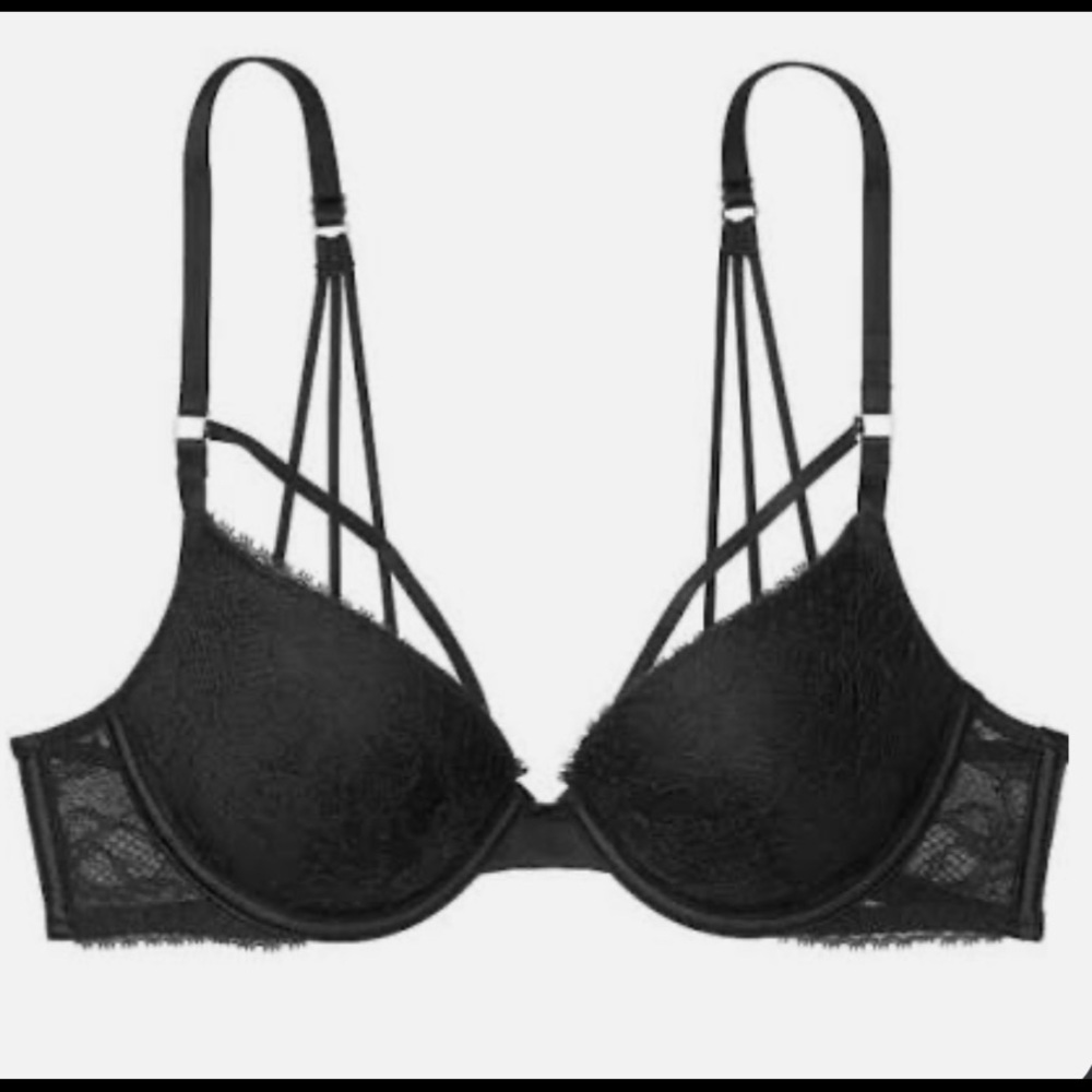 NWT Black strappy very sexy pushup bra Victoria’s Secret 32DDD/32F gold hardware